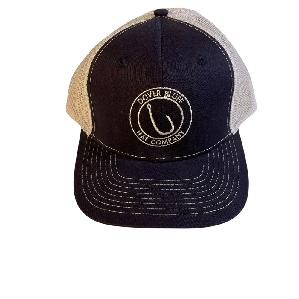 Dover Bluff Hat Company Navy Blue White Mesh Snapback Trucker Hat Fish Hook Logo